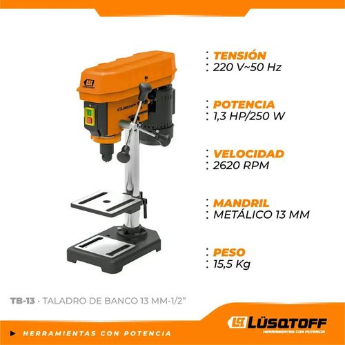Taladro Perforadora De Banco Lusqtoff 1,3hp 13mm Tb-13 Naranja - Imagen 2