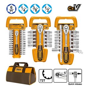 Set 57 Piezas Crique Y Dados Cr-v 1/4 3/8 1/2 C Bolso Ingco - Naranja Claro