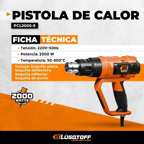 Pistola De Calor 2000 W 50°/600° Accesorios Lusqtoff Pcl2000 Naranja - Imagen 2