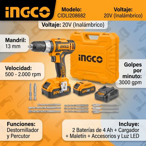 Taladro Ator. Eléctrico Ingco P20s Con Maletín Y 2batería 4a Naranja Oscuro - Imagen 2