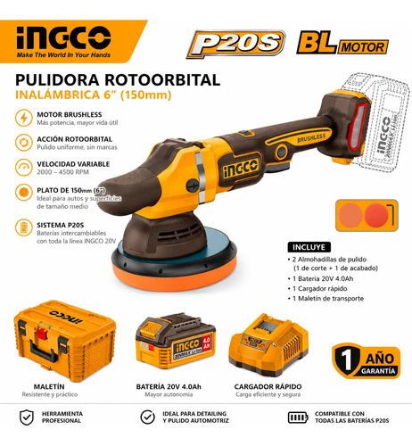 Lustra Pulidora Ingco 6 Con Bat, Cargador Y Valija Amarillo - Imagen 2