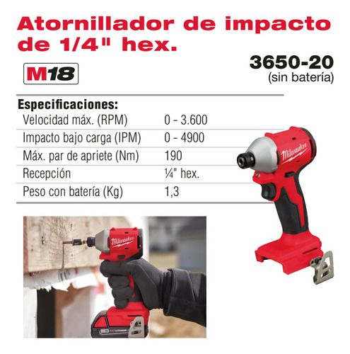 Taladro Inalámbrico De 6.35mm Milwaukee 3650-20 + Accesorio 3600 Rojo - Imagen 4