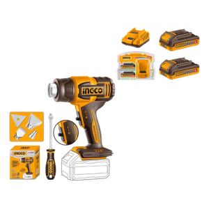 Pistola De Calor A Bat 20v Ingco + Set X2 Bat 20v + 1 Car Amarillo Con Negro