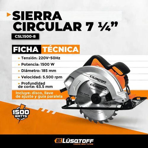 Sierra Circular Eléctrica Lüsqtoff Csl1500-8 185mm 1.5kw Naranja/negro 50hz 50 Hz - Imagen 3