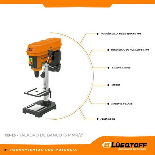 Taladro Perforadora De Banco Lusqtoff 1,3hp 13mm Tb-13 Naranja - Imagen 3