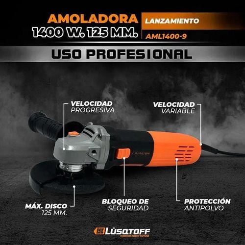 Amoladora Angular Lusqtoff 1400w Ø 125mm Antipolv Pared 6vel Naranja - Imagen 7