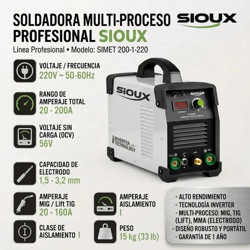 Soldadora Inverter 3 En 1 Mig-elect.-tig Lift 200a Sioux Blanco - Imagen 2