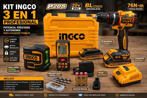 Kit Taladro Atornillador Percu + Nivel Y Medidor Láser Ingco - Imagen 2