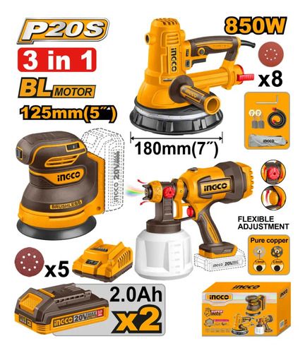 Kit Lijadora Yeso Orbital + Pistola Pintar Ingcco Sli250282 - Imagen 2