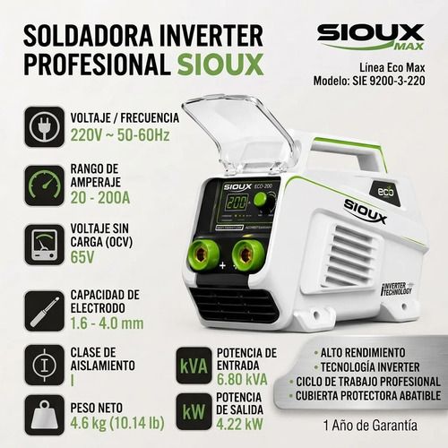 Soldadora Inverter 200 Amp. Electrodo 4.0mm Peso 4.5kg Sioux Blanco - Imagen 2