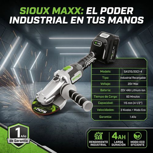 Amoladora Angular Industrial Sioux 115mm 20v 1bat 4ah -mara Blanco 50 Hz - Imagen 2