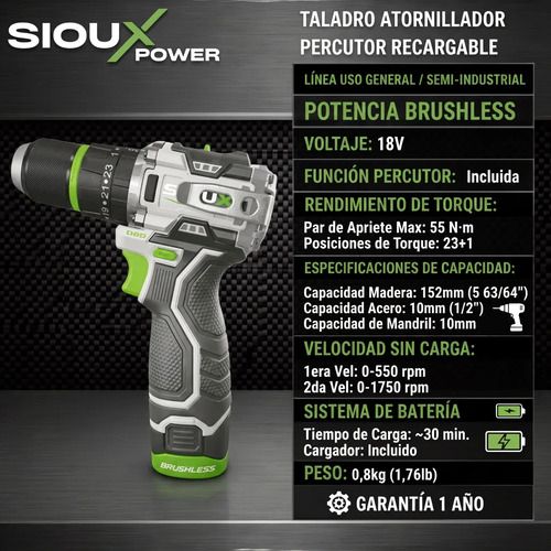 Taladro Atornillador Sioux Brushless 55nm 1,5ah Mm.10mm Mara Blanco 50hz - Imagen 2