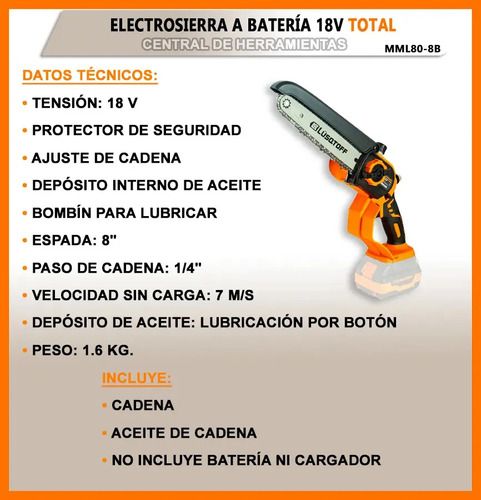 Electrosierra Inalambrica Motosierra Electrica Lusqtoff Naranja - Imagen 2